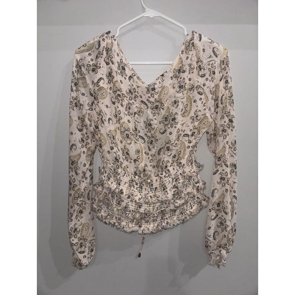 Free People white & tan long sleeve boho blouse size Large So Cute